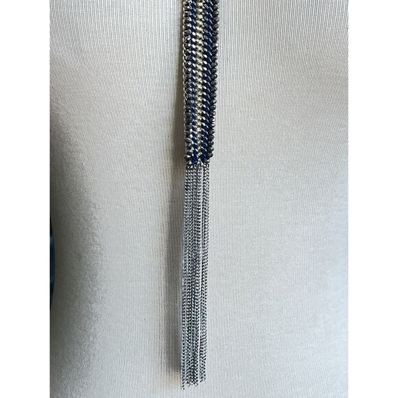 Stella & Dot Tessa Fringe Necklace Lariat Silvertone Blue Steel Chain - Picture 7 of 12